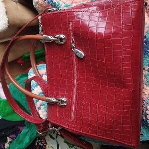 Red Valentina Croc embossed leather shoulder bag handbag detachable strap